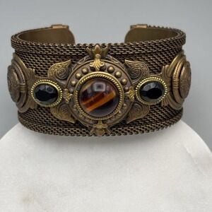 Vintage Bronze Mesh Cuff Bracelet Cabochon and Faceted Stones Ornate Heavy